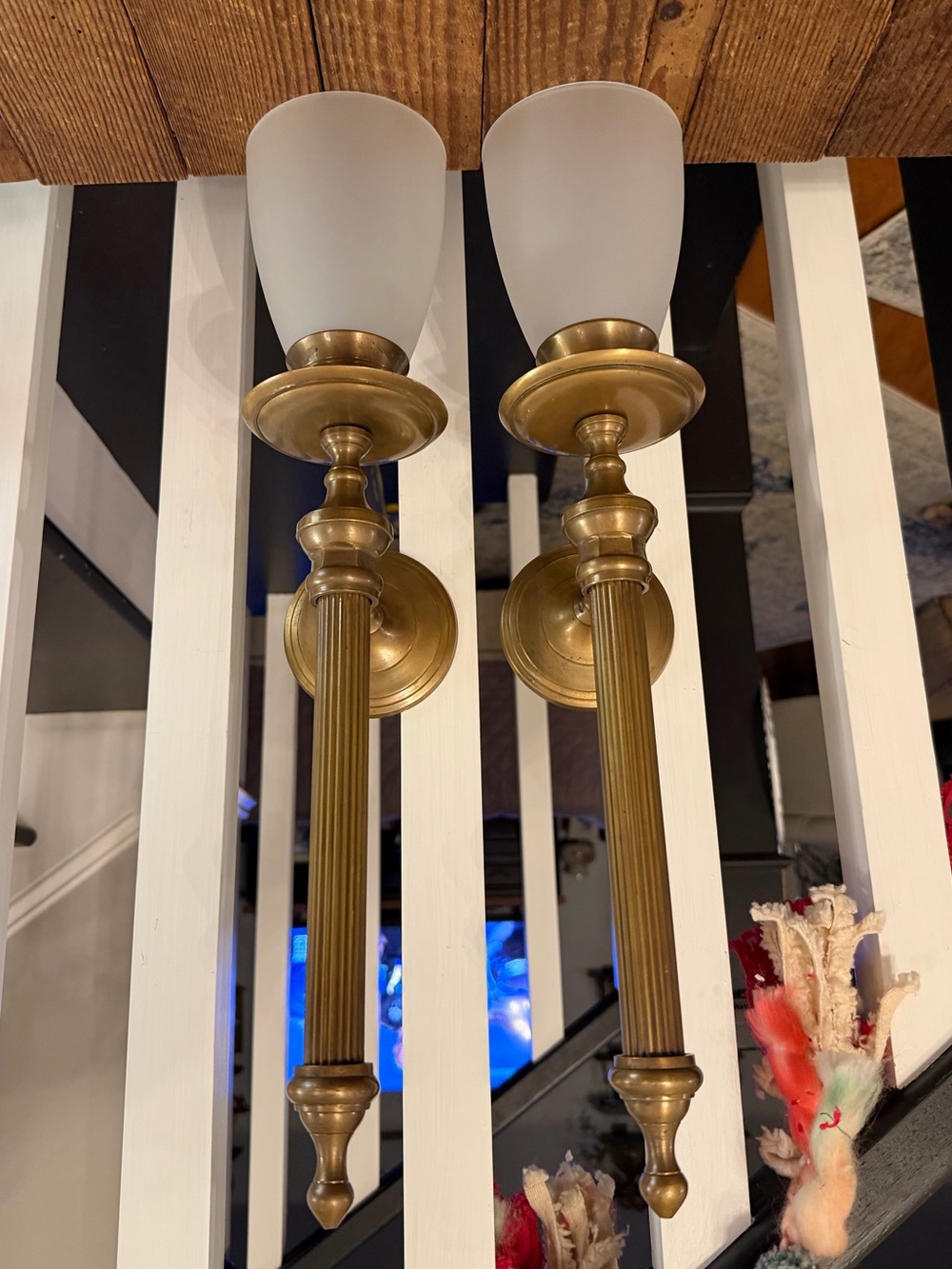 Vintage Brass Candle Wall Sconce Pair with Frosted Glass Shades